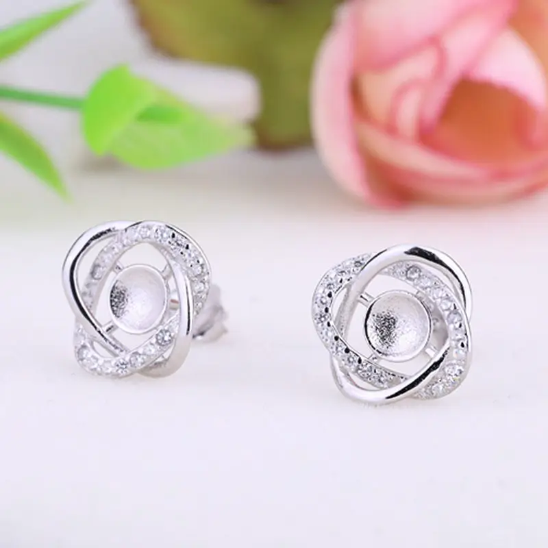 925 Sterling Silver Women Stud Earrings Crystal 6mm 7mm Round Bead or Pearl Semi Mount Earrings Fine Jewelry Setting