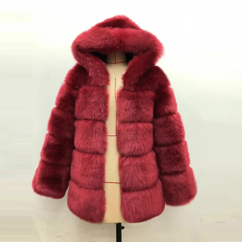 Winter Thick Warm Faux Fur Coat Women Plus Size 6XL Hooded Long Sleeve Faux Fox Fur Jacket Luxury Winter Fur Coats