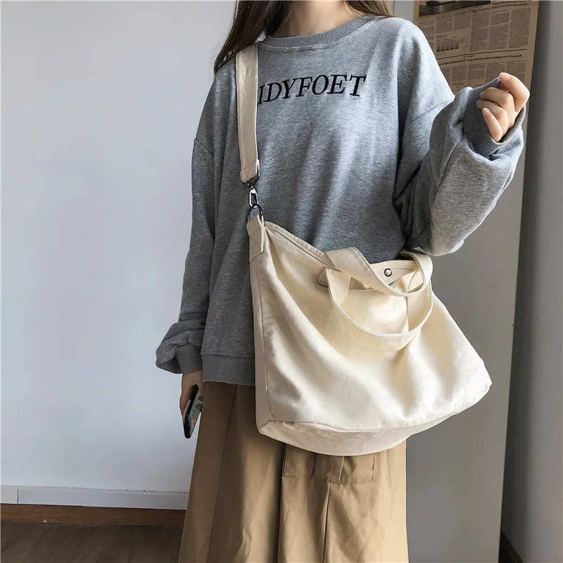 

Lazy messenger bag for female college students Japanese large capacity solid color washed canvas bag portable shoulder bag