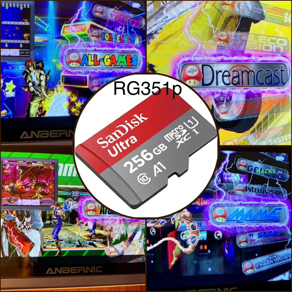 256GB emubic محطة مضاهاة مسبقة التحميل anberonic "RG351p" rg351m بطاقة SD فقط-16,500 + ألعاب ثلاثية الأبعاد معاينات فيديو Boxart