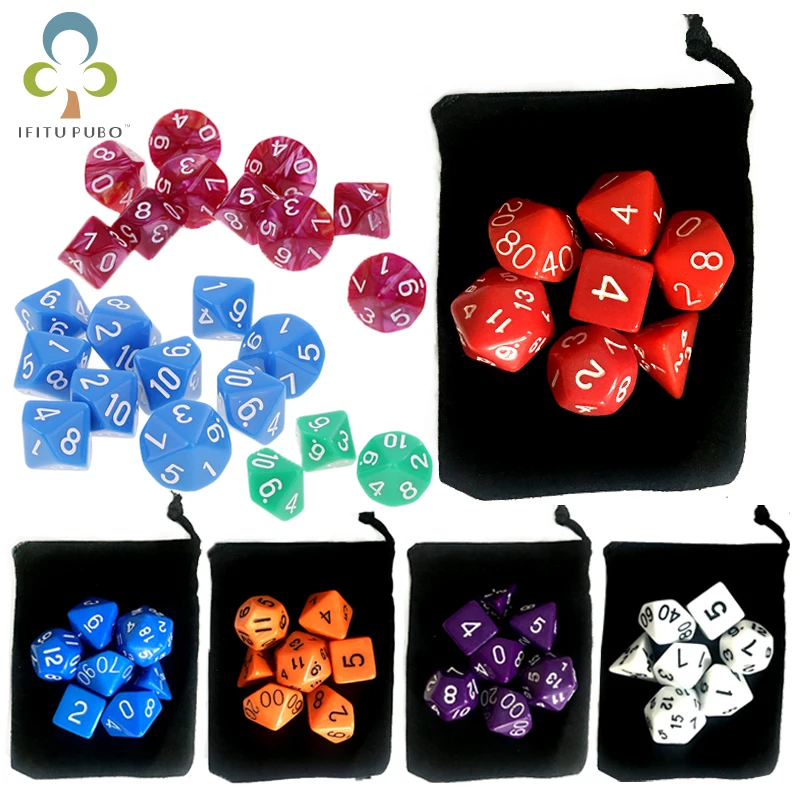 7pc/lot Dice Set with Velvet Dice Bag D4,D6,D8,D10,D10%,D12,D20 Colorful Accessories for Board Game,DnD, RPG ZXH