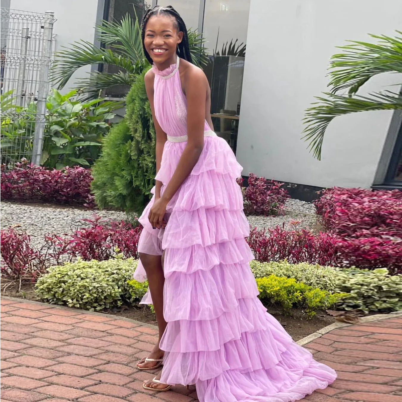 Elegant Simple Pink Women Dress Halter Backless Hi-Lo Tulle Layered Ruffles Dress Sequin Waist For Black Girl Dress