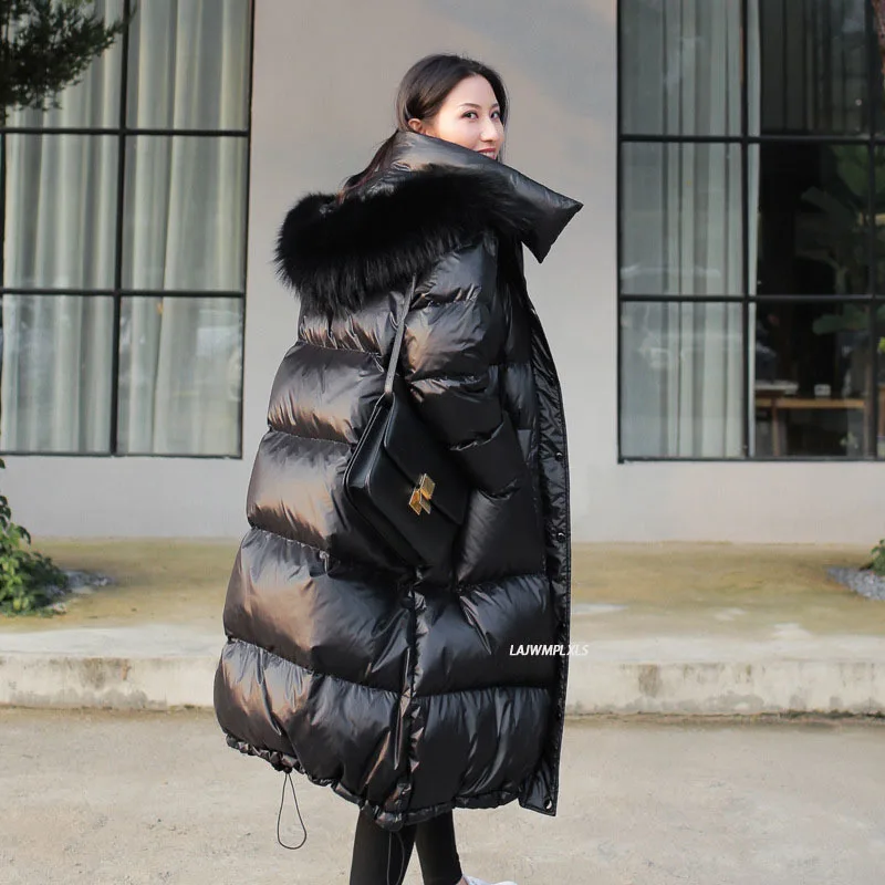 2021 Long Down Jacket Women Winter Black Loose Real Raccoon Fur Hooded Fashion Waterproof Female Duck Down Puffer Coat