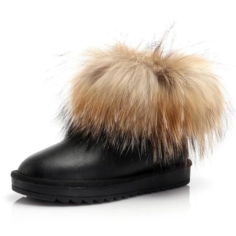 

New 2021 Winter Fox Fur Genuine Leather Snow Boots Women Fashion Sweet Round Toe Slip On Waterpoor Warm Casual Ankle Boots Woman