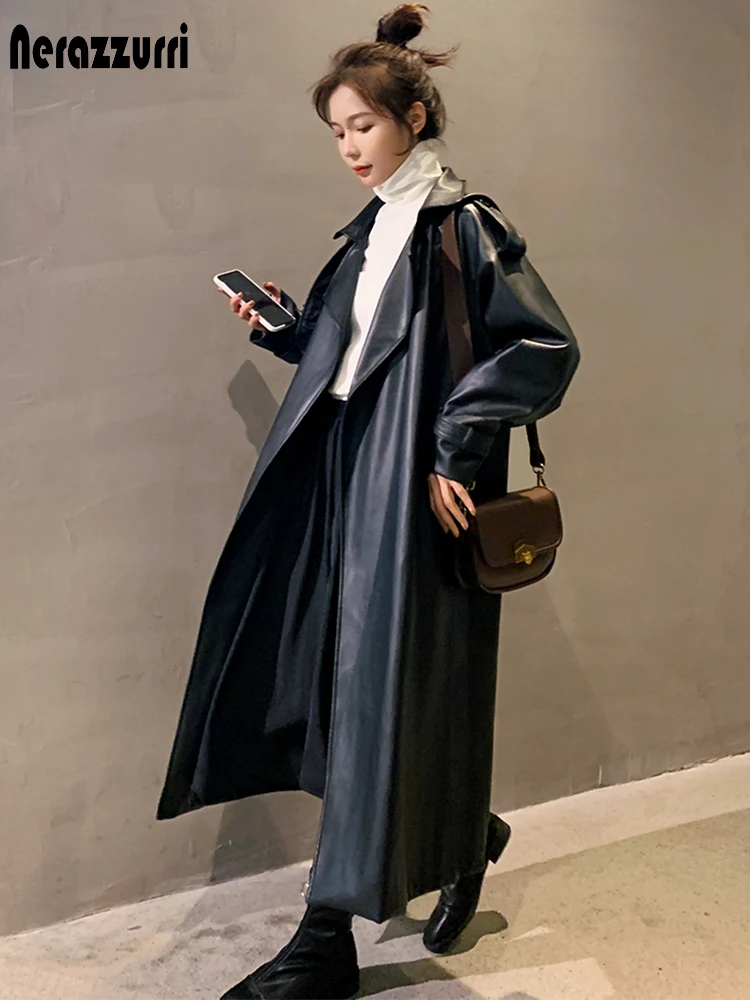 Nerazzurri Spring Black Oversized Long Waterproof Leather Trench Coat for Women 2021 Long Sleeve Loose Korean Fashion Clothing