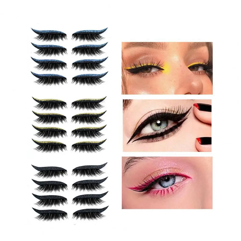 8Pcs False Eyelashes 2 in 1 Eyelash Artificial Fiber EyeLine Sticker Glitter Eyeliner Eyeshadow Stickers Makeup Tools