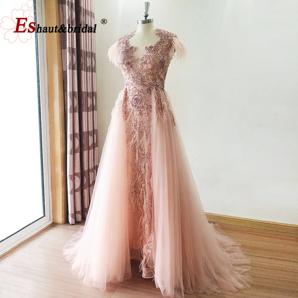 Elegant Feather Evening Night Dress for Women 2023 Mermaid Sleeveless Crystal Handmade O Neck Formal Prom Wedding Part Gowns