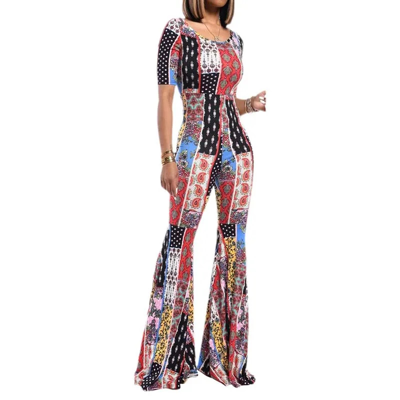 Women Short Sleeve Printed Sexy Boot Cut Jumpsuit 2020 Summer Female Plus Size Bodysuit Overalls Casual Playsuit Women\'s Clothes