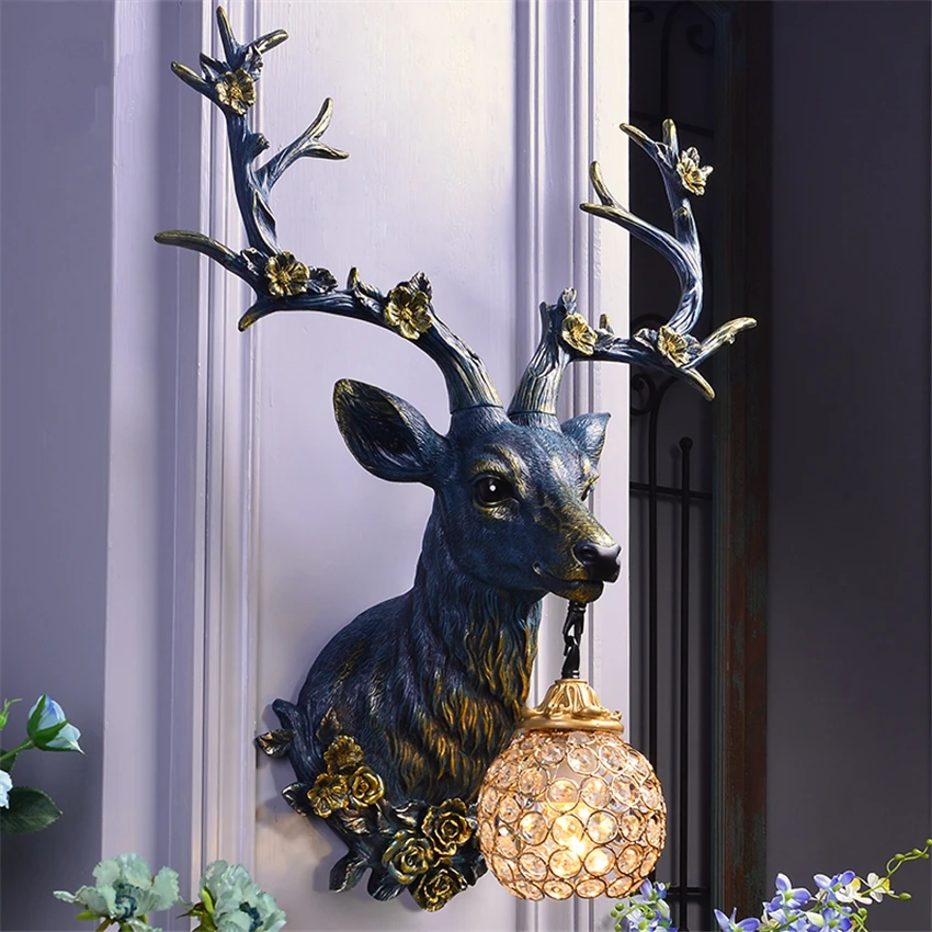 Resin Plum Antler Wall Lamp American Retro Study Room Decoration Hanging Living Room Sconces Wall Lights Deer Head Deco Lighting