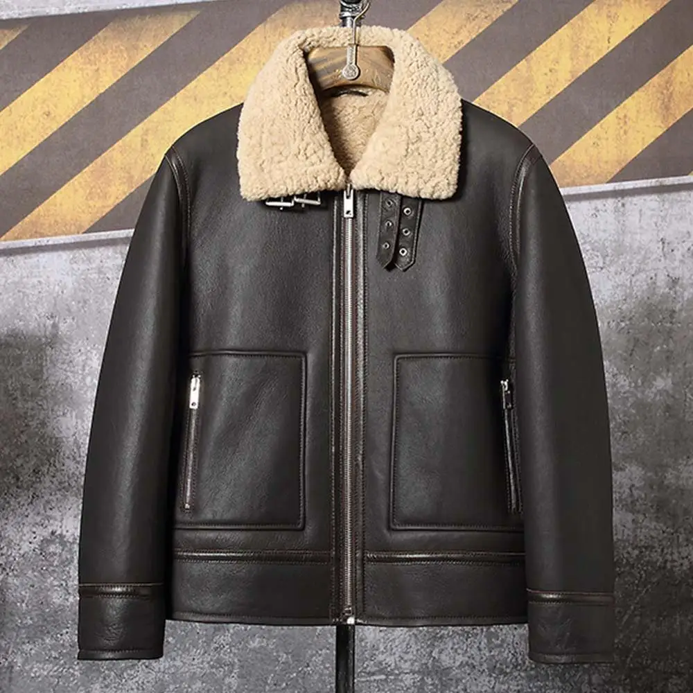 Natural Shearling Coat Mens Sheepskin Leather Jacket Brown Fur Overcoat Short Motorcycle Outerwear