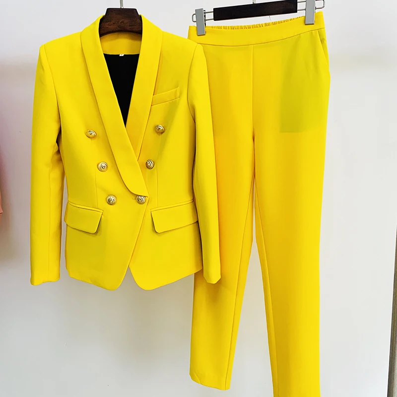 HIGH STREET Newest 2024 Designer Fashion Suit Set Women's Double Breasted Lion Buttons Shawl Collar Blazer Pants Suit