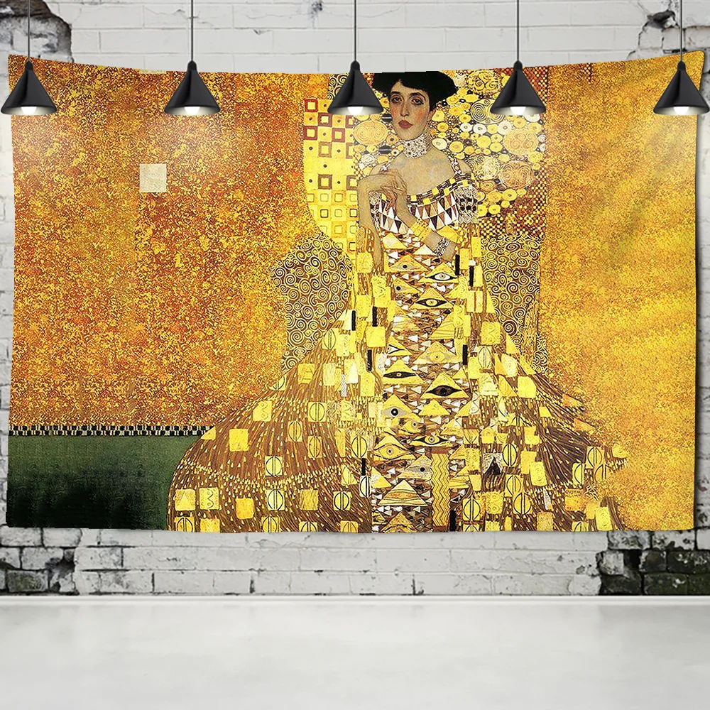 Gustav Klimt Oil Painting Tapestry Wall Hanging Kiss Of Gold Abstract Art Decoration Polyester Blanket Yoga Mat Home Bedroom Art