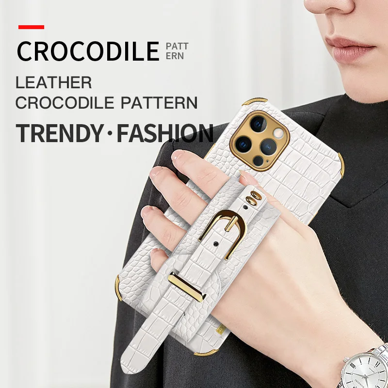 Wrist Strap Crocodile Leather Case For iPhone 16 15 14 13 12 Pro Mini Max X XS Max XR 11Pro 7 8 Plus SE Stand Holder Phone Cover