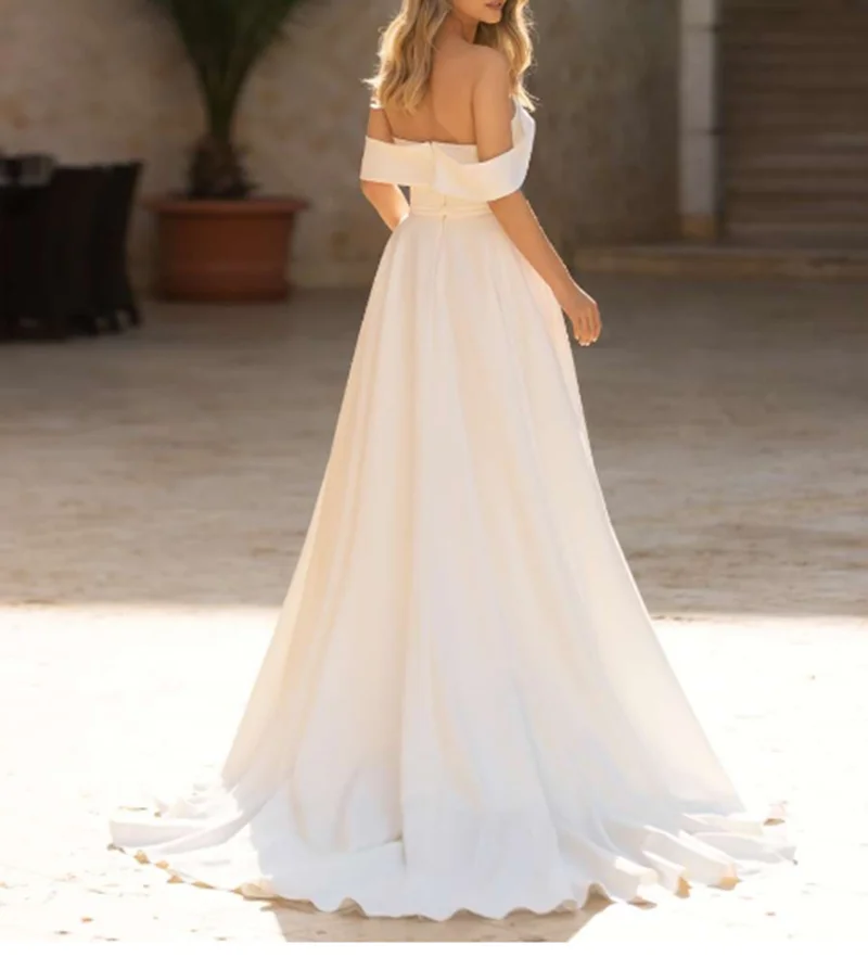 Simple Vestidos De Novia White Satin Wedding Dress A-Line Off Shoulder Ruffles Bows Cheap Boho Bridal Dresses Robe De Mariée