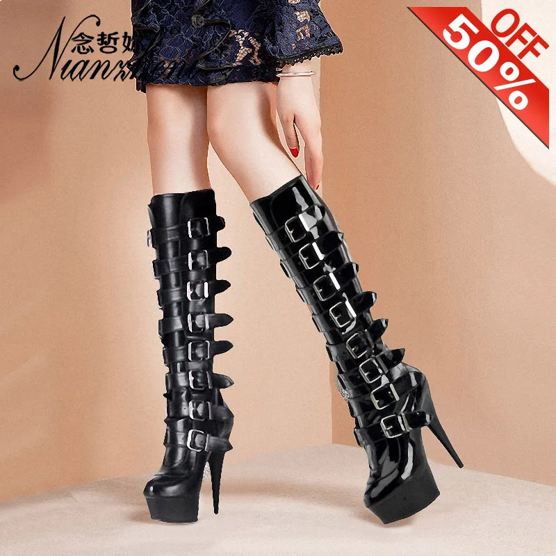 Sexy Belt Buckle Patent Leather Women Boots 15CM High Stripper Heeled Pole Dance Shoes 6 Inches Thick Platform Fashion Nightclub