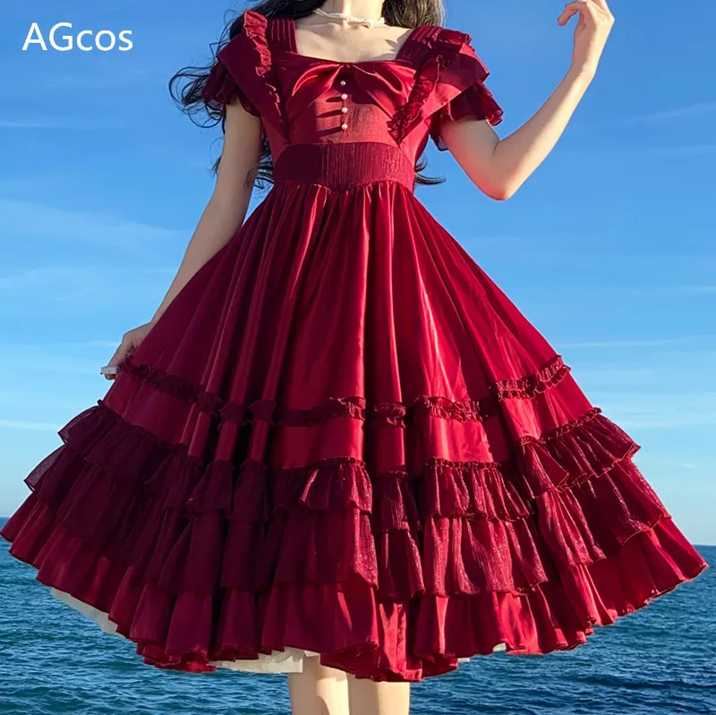 

Rose Dancer-Palace Elegant Princess Girl Lolita Dress Beige and Red Sweet OP Woman Dresses