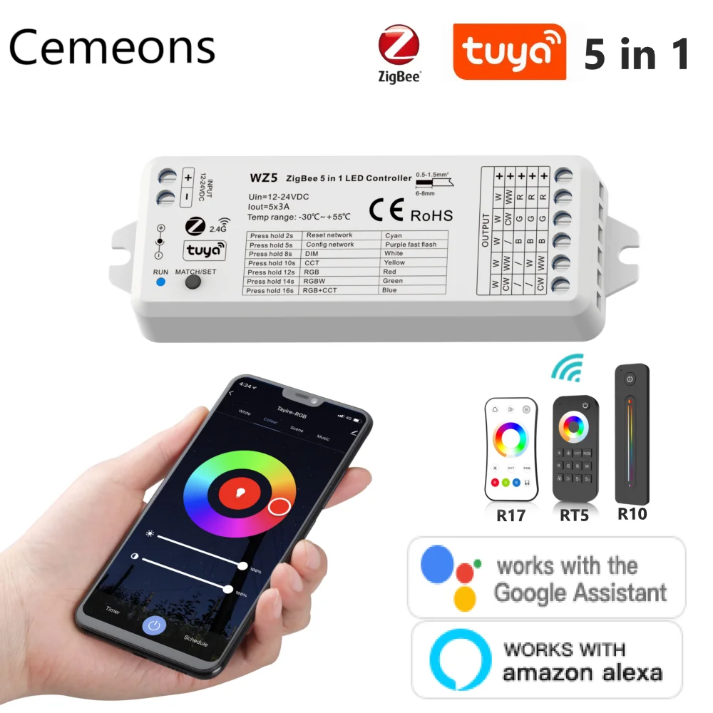 WZ5 TUYA Zigbee Smart Led Controller DC 12V 24V DIM RGB RGBW RGBWW RGBCW RGBCCT Strip 2.4G RF Remote Google Plus Voice Control