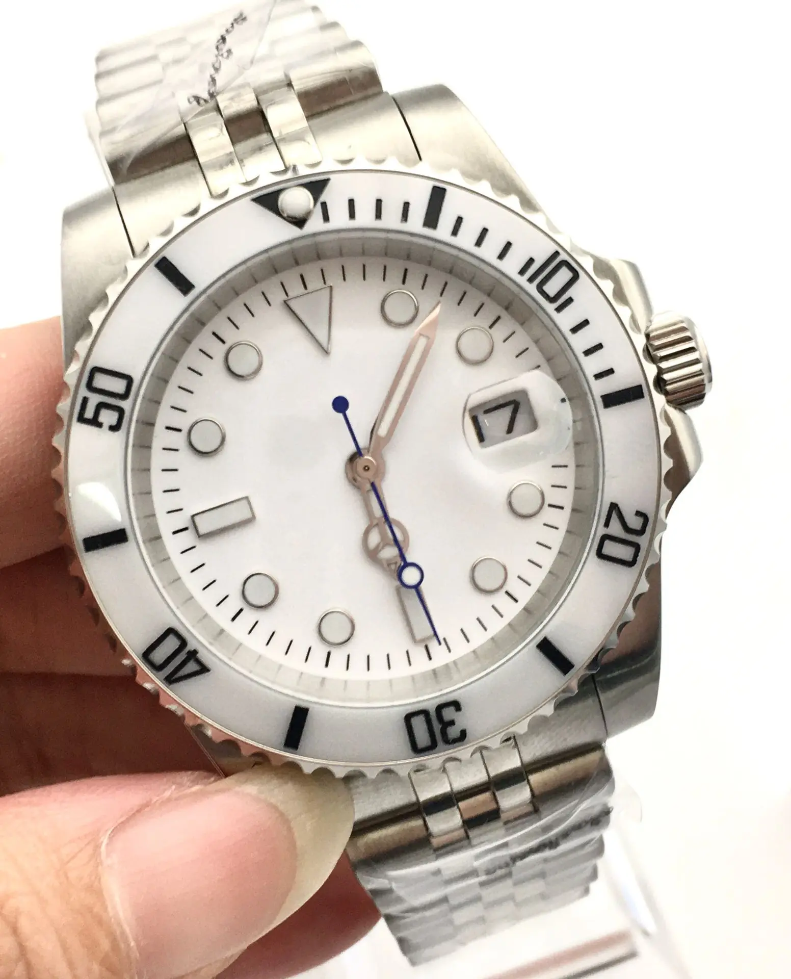 40mm branco dial data luminoso relógio automático relógio masculino cerâmica moldura relógio mecânico prata jubileu cinta