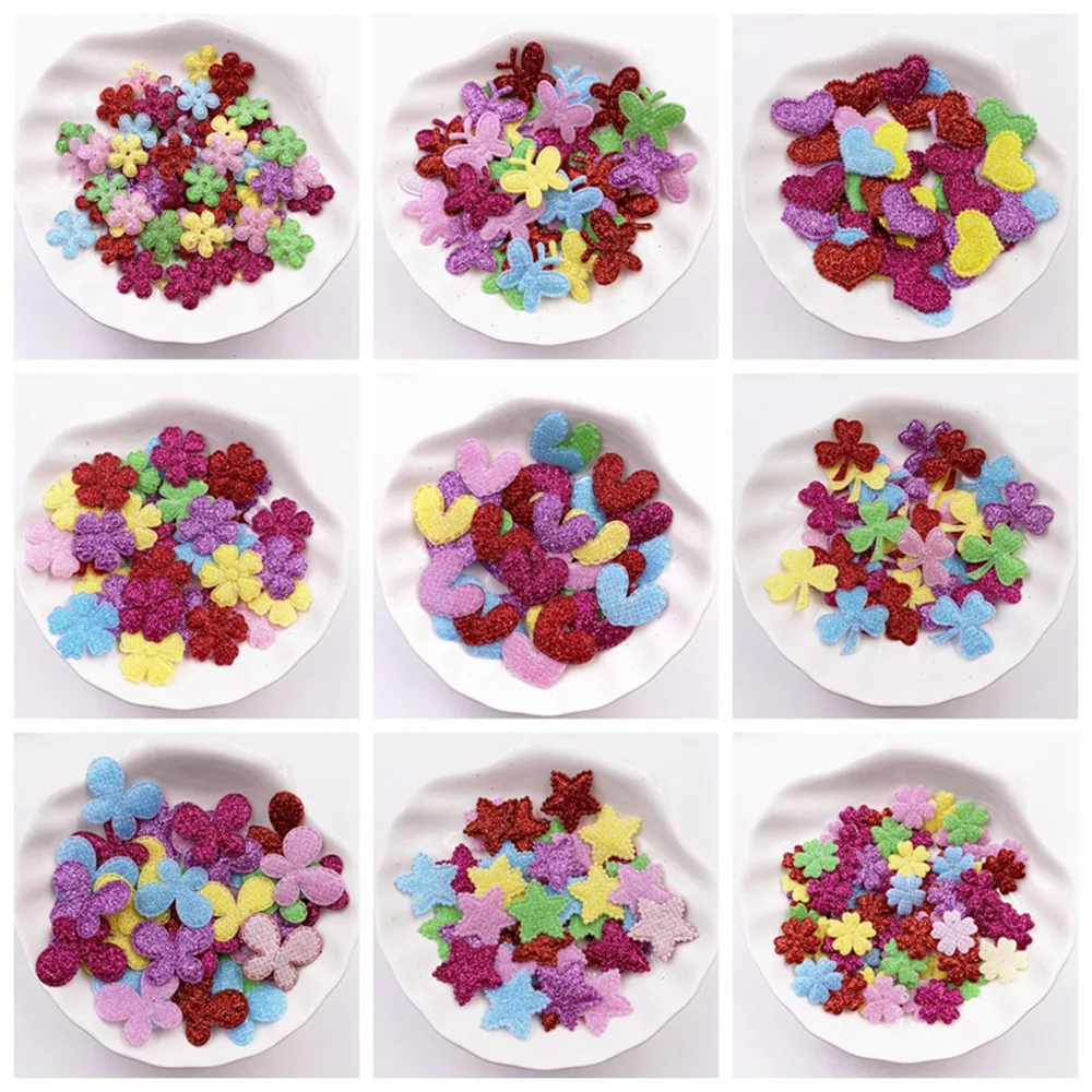 100pcs Glitter Bepowder Nonwoven Kawaii Various Shapes Felt Fabric Patchs DIY Cloth Appliques Bow Embellishments Wedding Craft