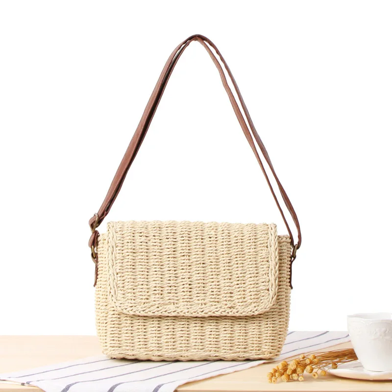 Elegante Summer Holiday Beach Crossbody Messenger Bag Raffia Straw Shoulder Bags Mão Tricô Bolsas Para As Mulheres