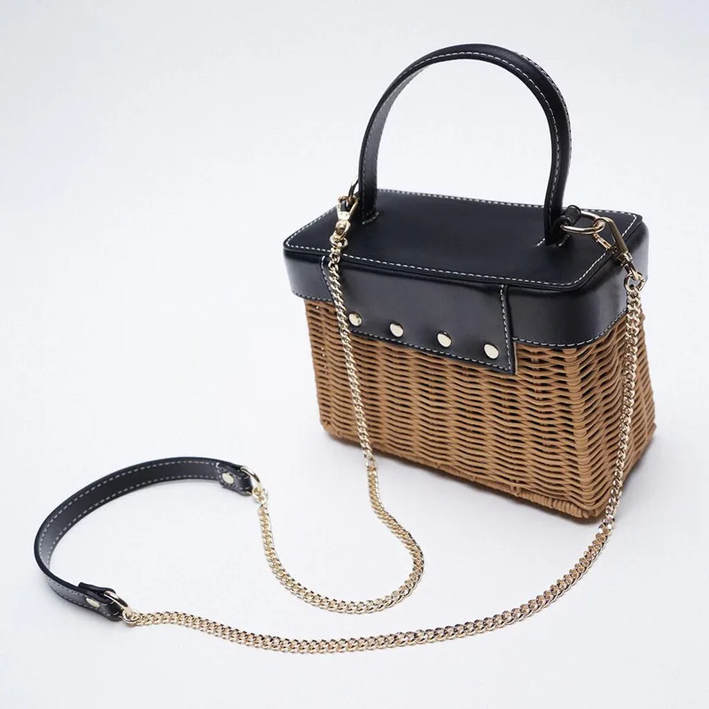 Fashion Rattan Box Women Handbags Wicker Woven Lady Shoulder Crossbody Bag Luxury Summer Beach Straw Bag Female Travel Purses