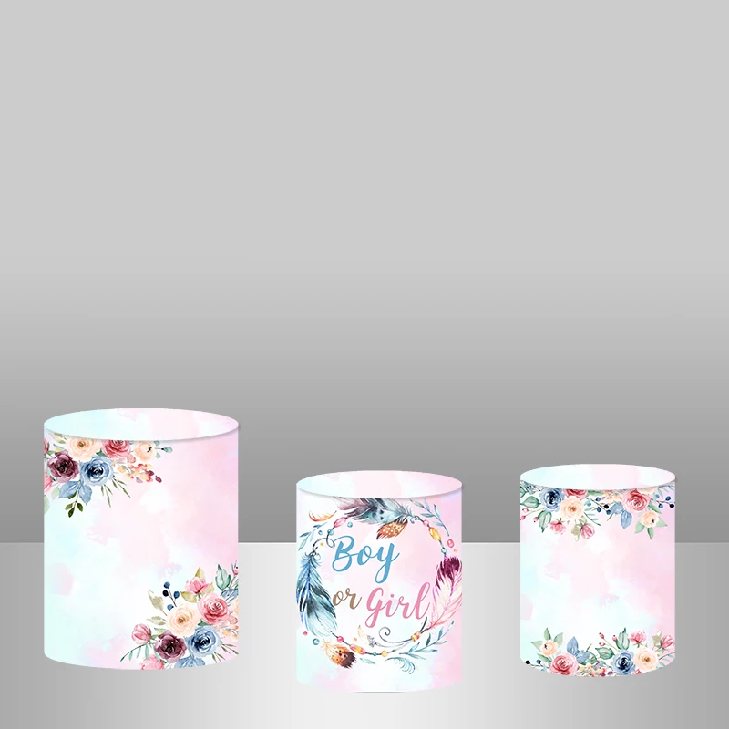 Gender Reveal Circle Backdrop Colorful Feather Flower Baby Shower Photo Background Boy or Girl Gender Reveal Round Backdrops