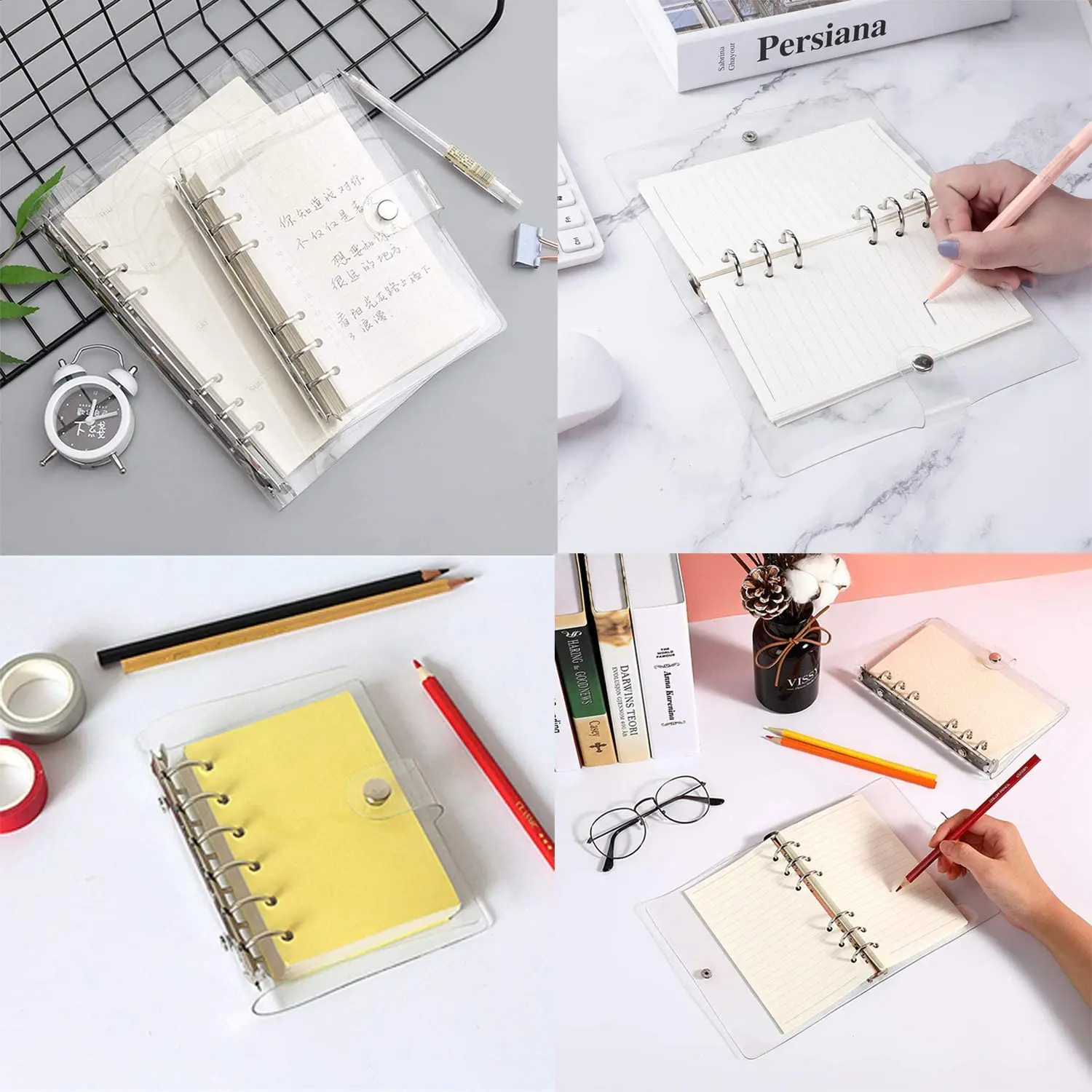 A5/A6 Transparent PVC Soft 6-Ring Binder Cover Snap Button Closure Clear Loose Leaf Folder Notebook Round Ring Binder Cover