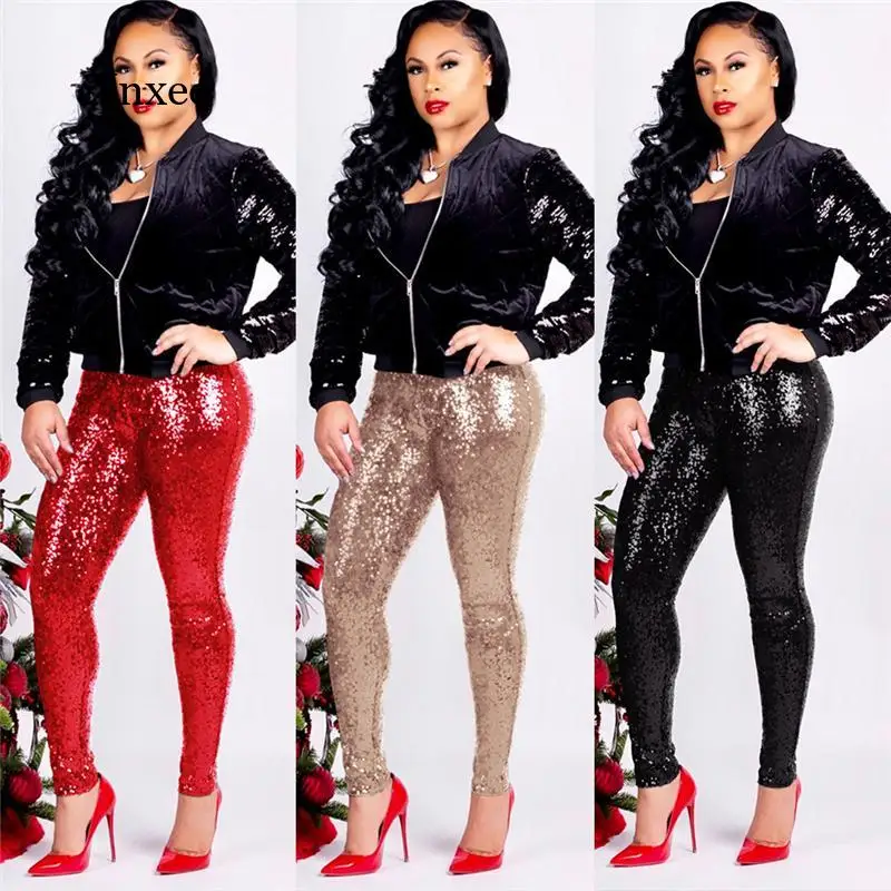 

Spring and Autumn Women's Sexy Black Sequins Sequins Wide Legs Long Flared Pants High Waist Christmas Pants Set Streetwear