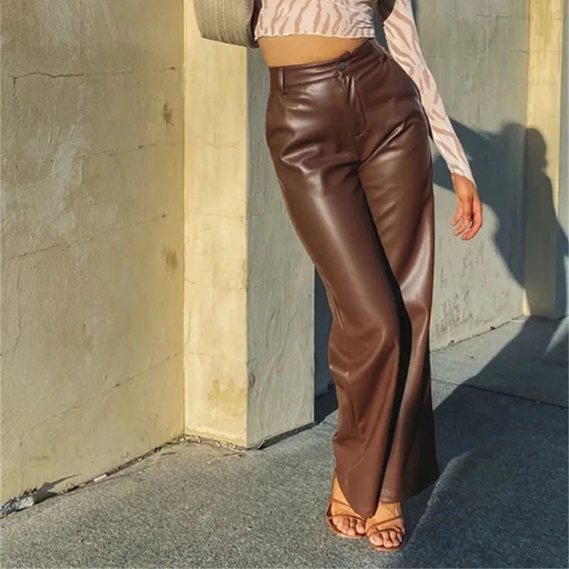 Women's PU Pants High Waist Loose Style Trousers With Pockets Solid Color Straight-leg Pants Brown Black Streetwear Autumn