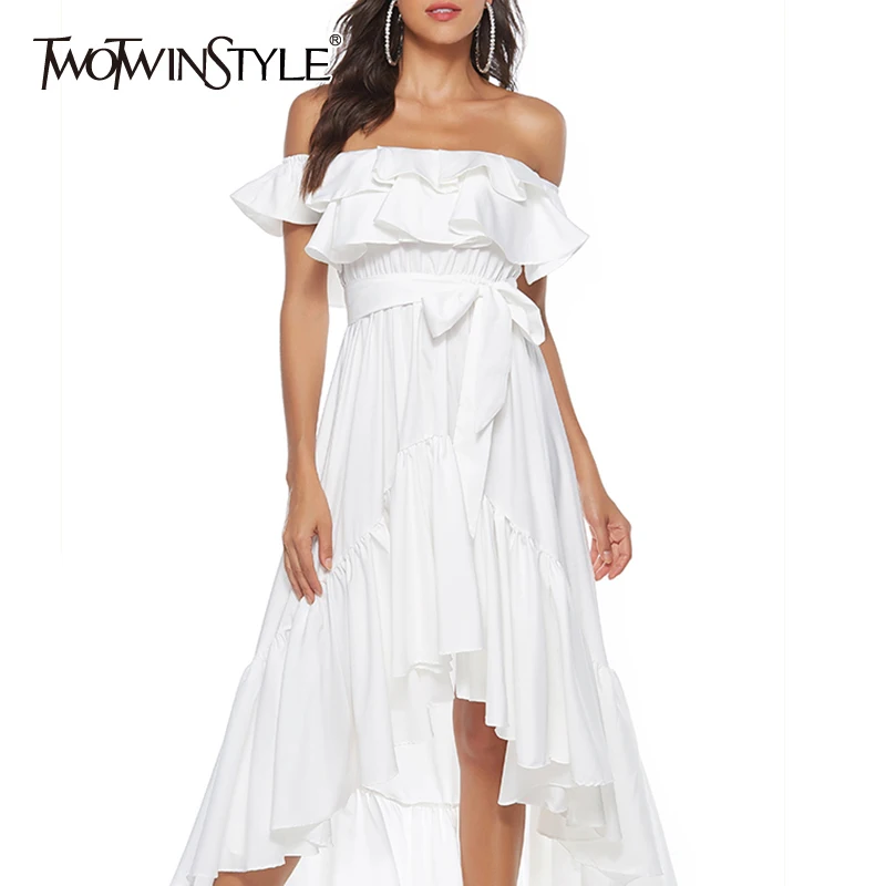 

TWOTWINSTYLE Patchwork Ruched Striped Women's Dress Ruffles Slash Collar Sleeve Asymmetrical Hem Temperament Dresses Female 2021