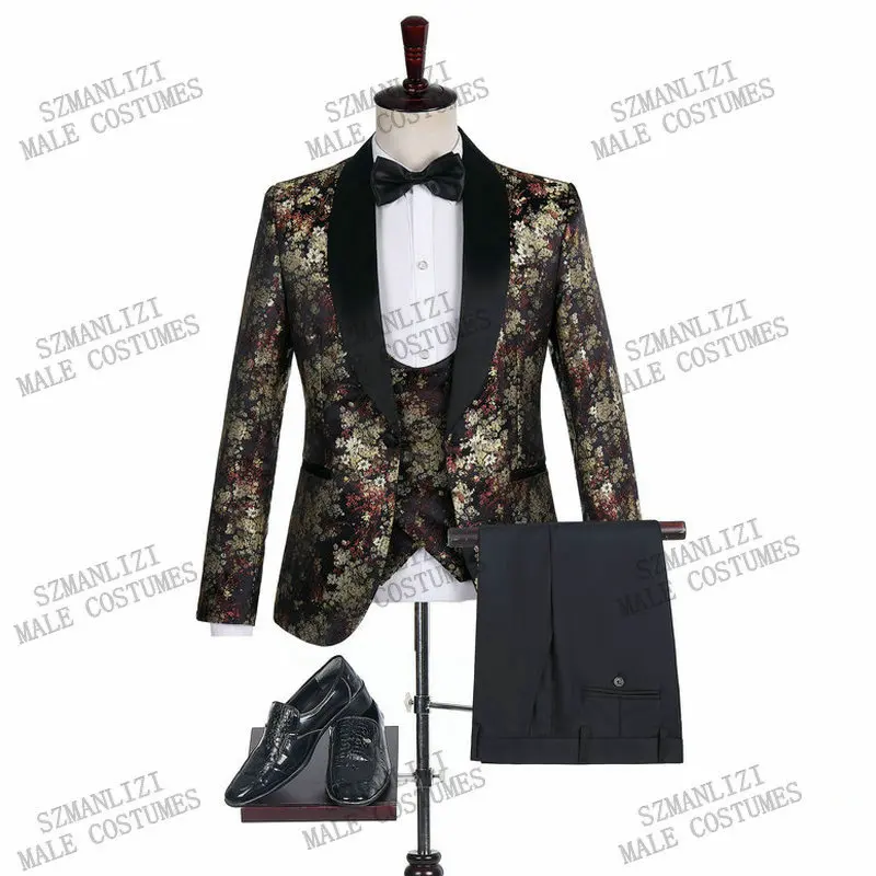 

2020 Jacquard Flower Black Costume Slim Fit Double Breasted Vest Formal Prom Male Suit Mens Groom Tuxedos Suit For Wedding