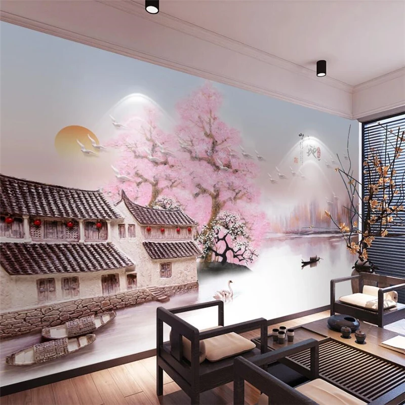 

wellyu Custom wallpaper 3D murals new Chinese papel de parede relief Jiangnan water town landscape mural background wallpaper