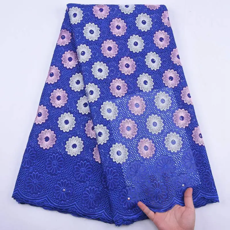 

Royal Blue High Quality African Cotton Lace Fabric With Holes Swiss Voile Lace In Switzerland Cotton Voile Lace For Dress S1908