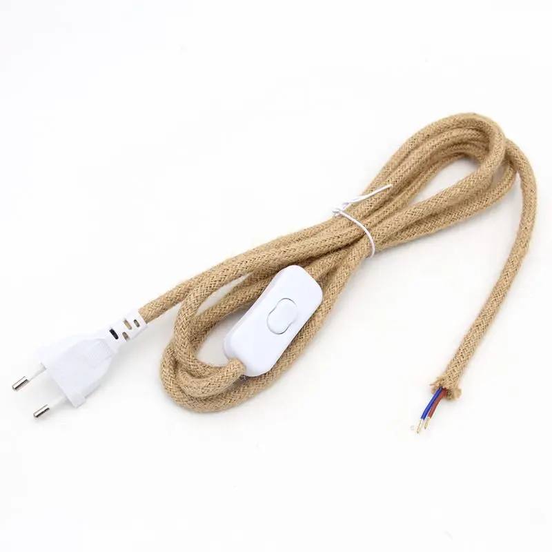 220V AC Euro Plug Power Cord Vintage Hemp Jute Rope Braided Covered With On/off  Switch 2 Meters Long For Wall Lamp Cords Cable