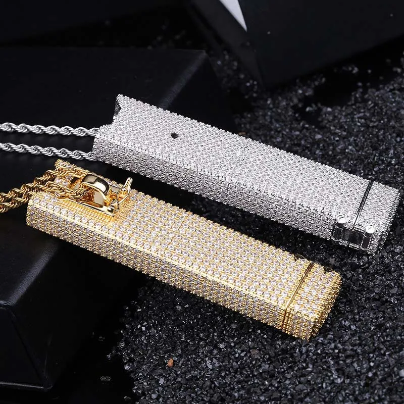 Hip Hop Micro Paved AAA CZ Stone Bling Ice Out Electronic cigarette housing Pendants Necklace for Men Rapper Jewelry Gold Color