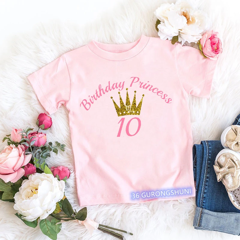 

Kawaii Girls T-Shirt Cute Birthday Number 4-13 Years Old Crown Print Girls Birthday Clothes Summer Harajuku Pink Tshirt Tops