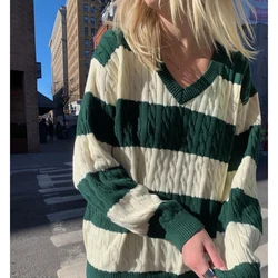 Vintage Green Striped Knitted Sweater Women Autumn Winter V Neck Long Sleeve Oversize Pullovers Simple Casual Cotton Top Chic