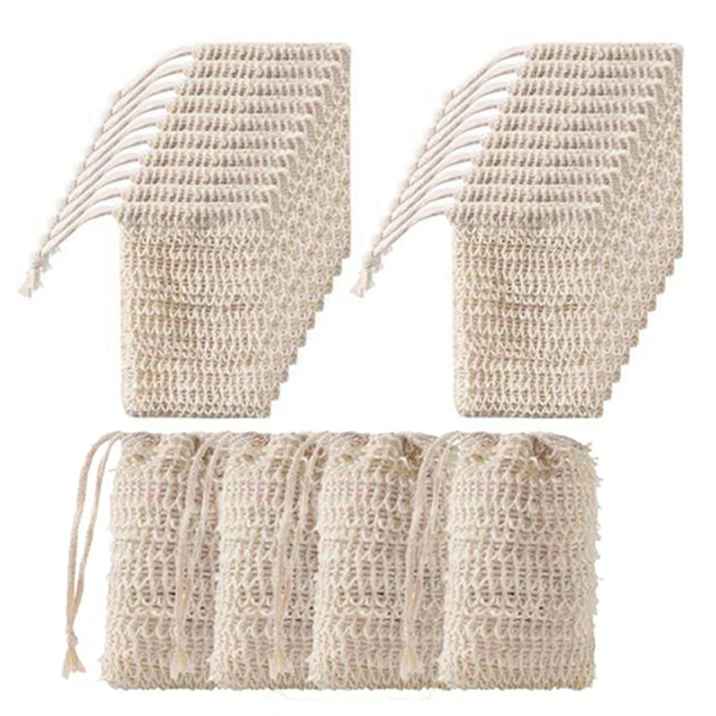 50Pcs Shower Bath Sisal Soap Bag Natural Sisal Soap Bag Exfoliating Soap Saver Pouch Holder