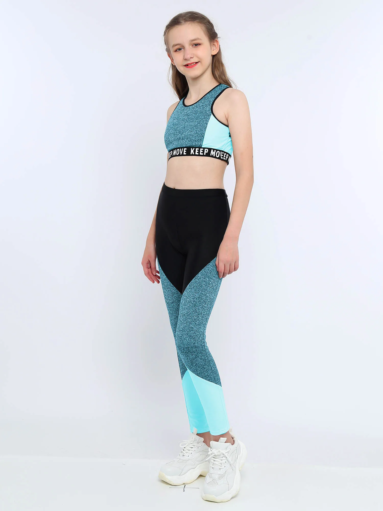 Kids Girls Sportswear Workout Gymnastics Outfits Running Sports O-Neck Wide Shoulder Tops+Pants Clothes Set Girls Activewear