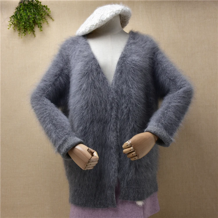 knitwear inside female women winter thick warm mink cashmere long sleeves v-neck loose sweater cardigans angora fur jacket coat