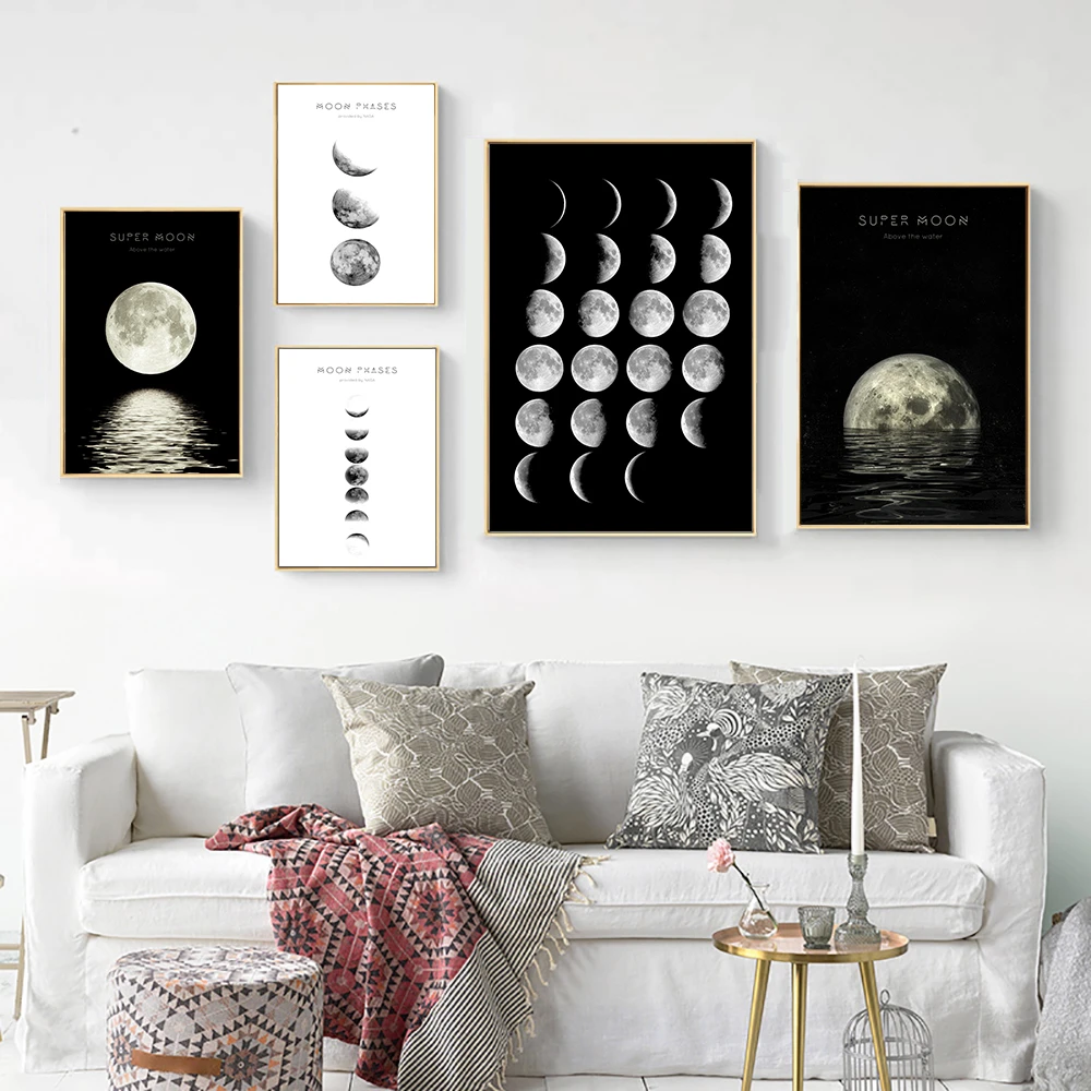 Abstract Minimalist Black and White Canvas Wall Art Moon Phase Decor Posters & Prints Nordic Pictures Modern Painting