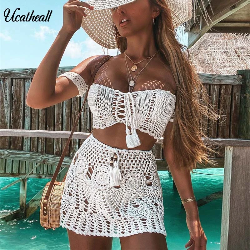 Crochet Tassel Sexy Two Piece Skirt Set Summer Off Shoulder Top+mini Skirt Hollow Out 2 Piece Knit Outfits For Women Clothing