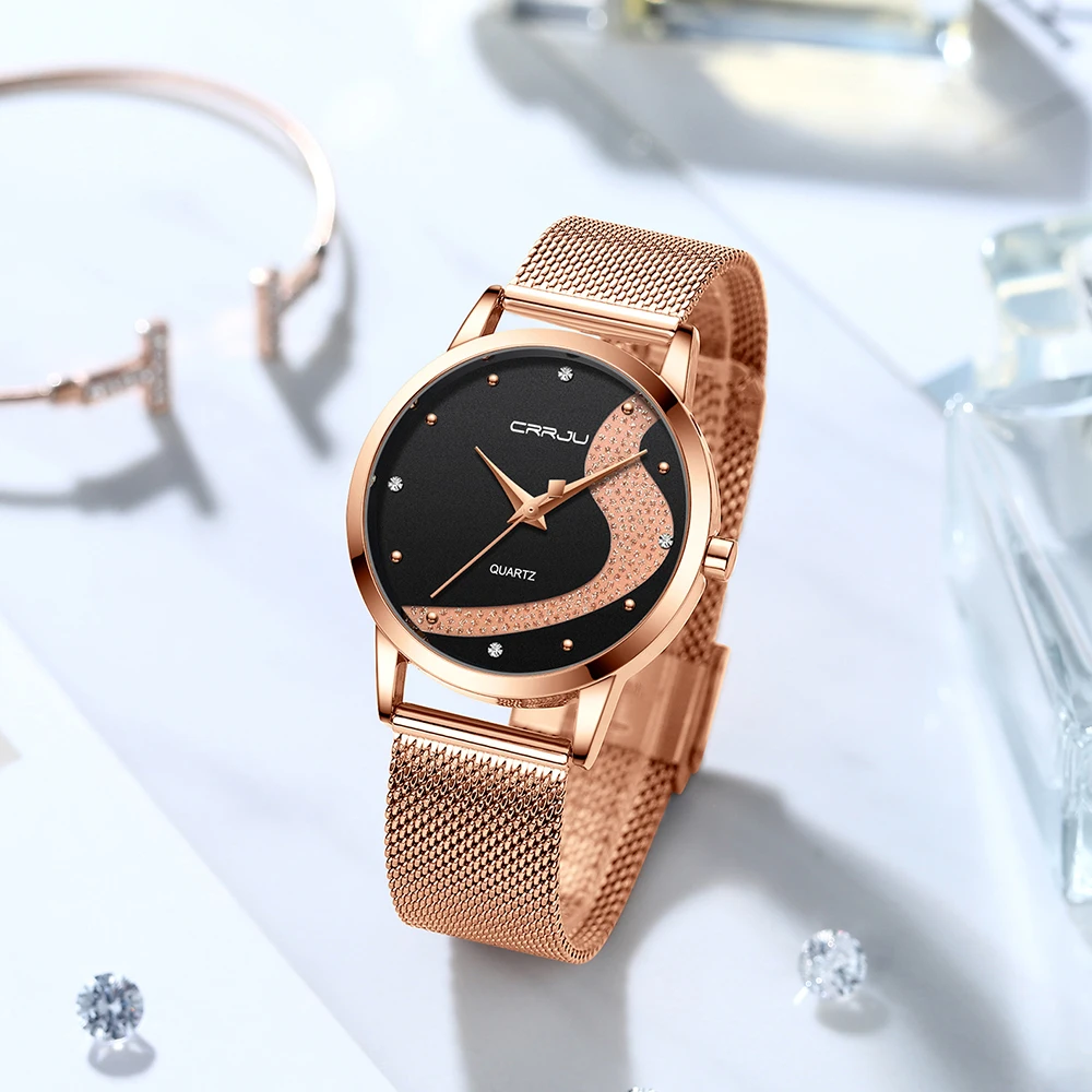 CRRJU Women Watch Top Brand Luxury Rhinestone Watches Casual Waterproof Quartz Ladies Dress Galaxy Mesh Watches relogio feminino