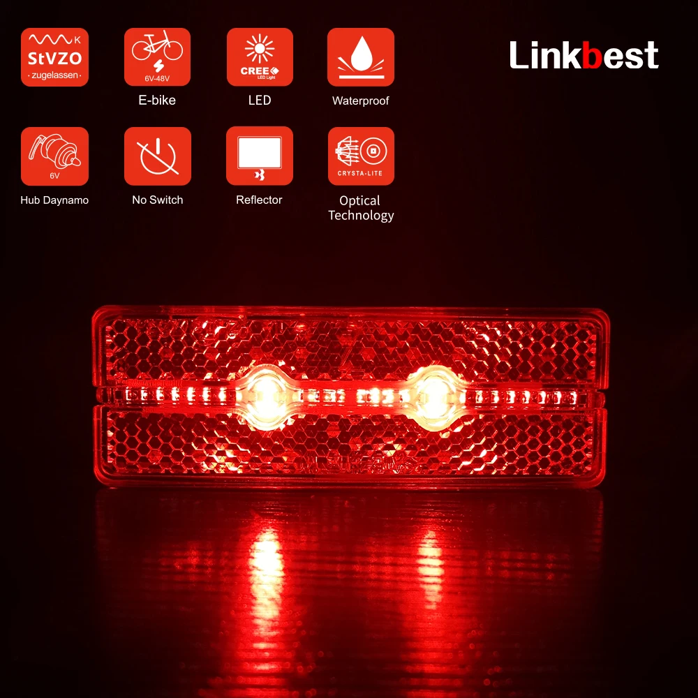 Linkbest Taillight Led Bicycle Light Rear Lamp Powerful Reflector Waterproof IPX5 6V-48V Hub Dynamo Ebike No Switch