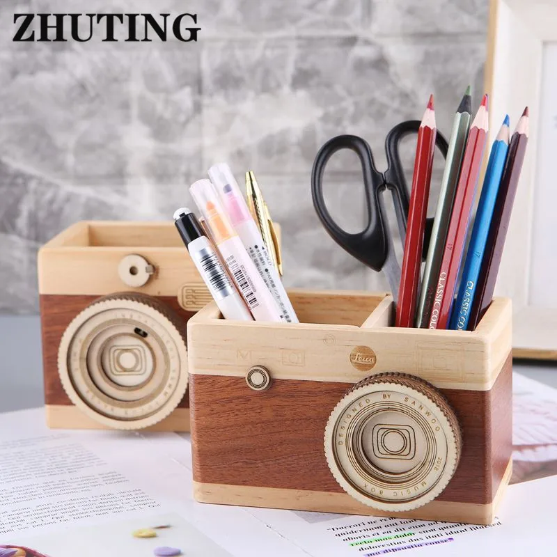 Sáng Tạo Máy Ảnh Hoa Văn Gỗ Bút Chì Giá Đỡ Đứng Cất Giữ Đồ Lặt Vặt Hộp Đa Năng Sử Dụng Đựng Bút Gỗ
