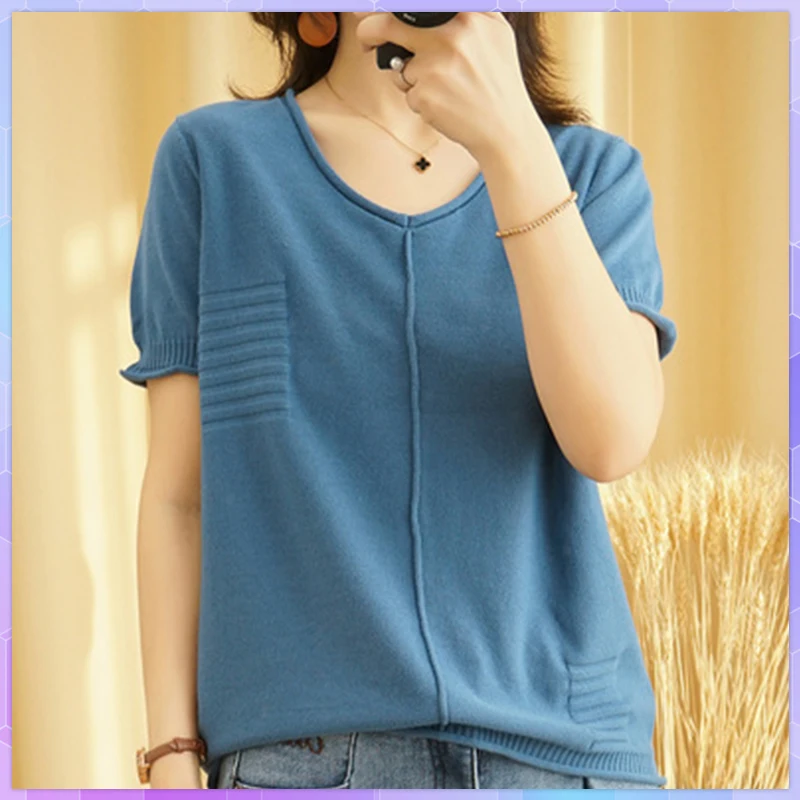 Summer V-neck Knitted T-shirt Cotton And Linen Woman T-shirts Short Sleeved Top Oversized Plus Size Casual Loose Solid Tops