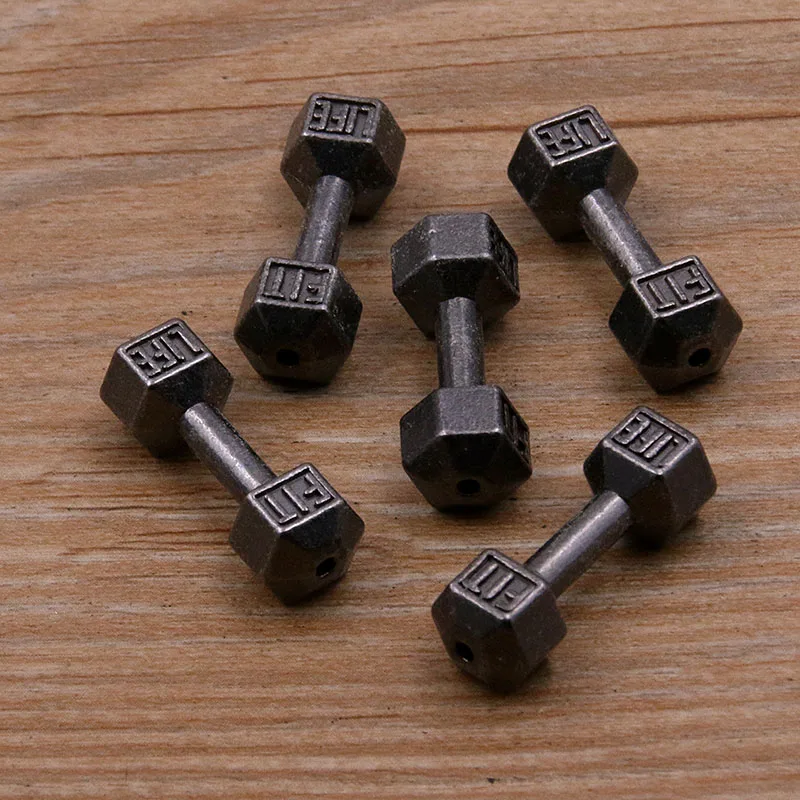 6Pcs 9*25MM Black Dumbbell Weightlifting Hole Bead Sports Letter Charms For DIY Necklace Bracelets Jewelry Handmade Making