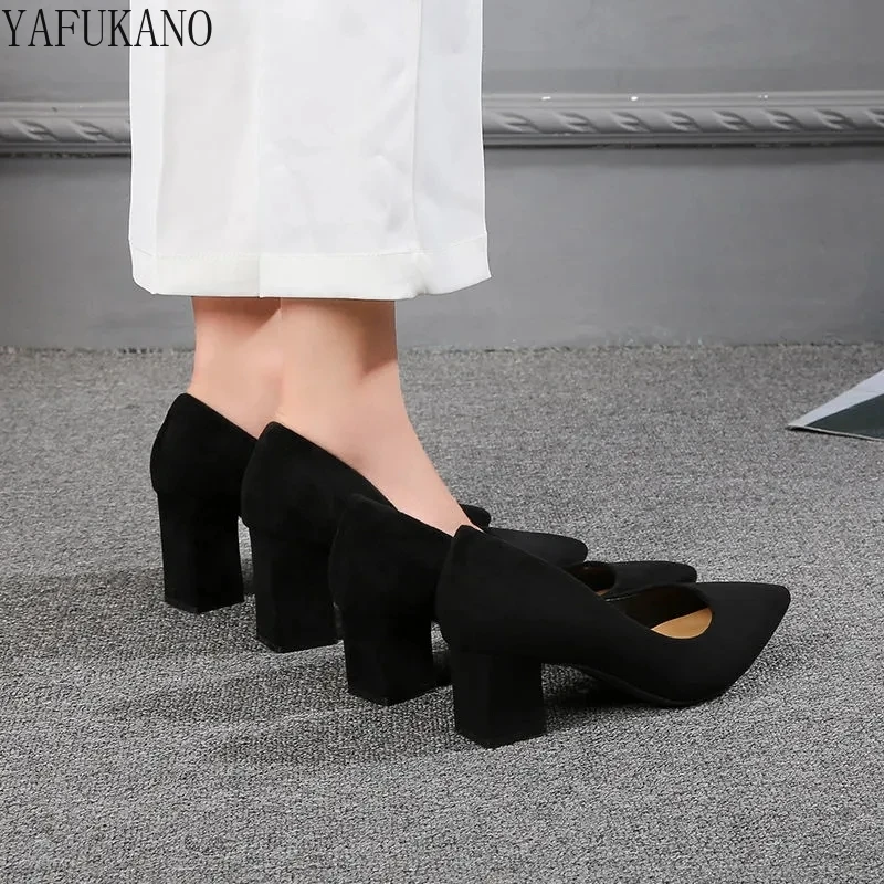 Fashion Net Red Thick-Heeled High-Heeled Shoes Temperament Suede Work Shoes Black Casual Single Shoes Womens Pumps Small Size 33