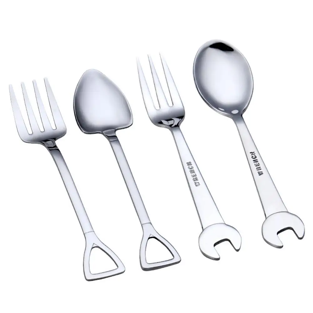 Stainless Steel Cutlery Tea Coffee Spoons Fork Shovel/Wrench Shaped Dessert Ice Cream Sugar Spoon Logo Bar Christmas Tableware