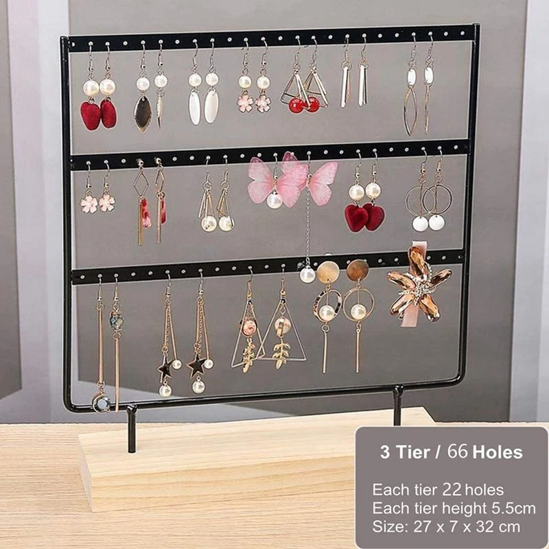 66-Hole 3-Layer Earring Storage Box with Bracket, Earring Holder, Gift Box, Wooden Jewelry Rack/Earring Tray